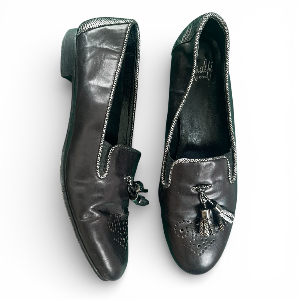 Amalfi Black Silver Leather Tassel Loafers Flats Almond Slipper Dress Shoes 9